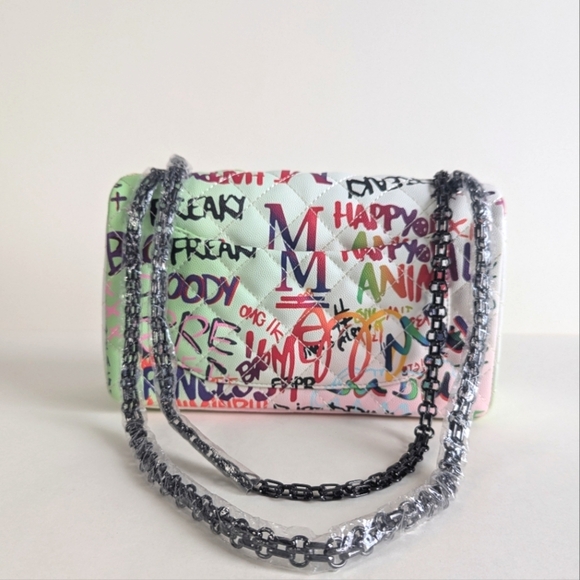 Boutique Quilted Graffiti Print Shoulder Bag Structured Crossbody w/ Chain Strap - Picture 3 of 16